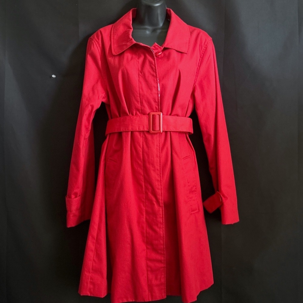 Trench Coat L Red Preppy Belted Button Front Jacket Maximist Bold Artsy French